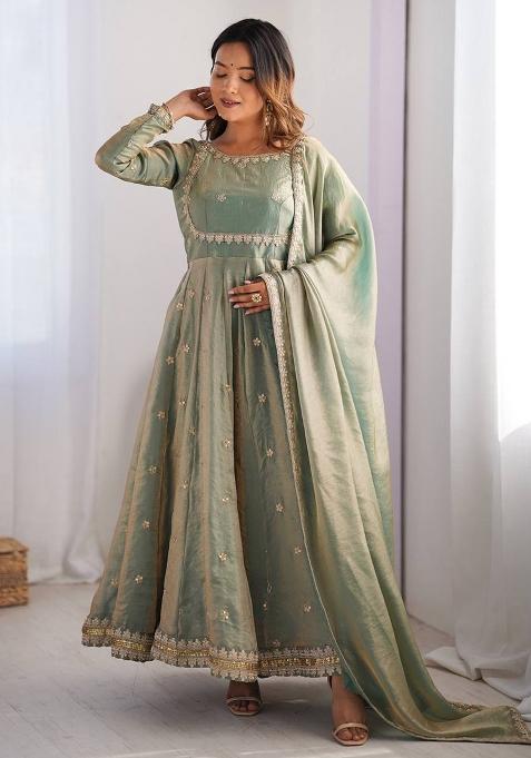 Olive Green Sequence Work Silk Kurta Set