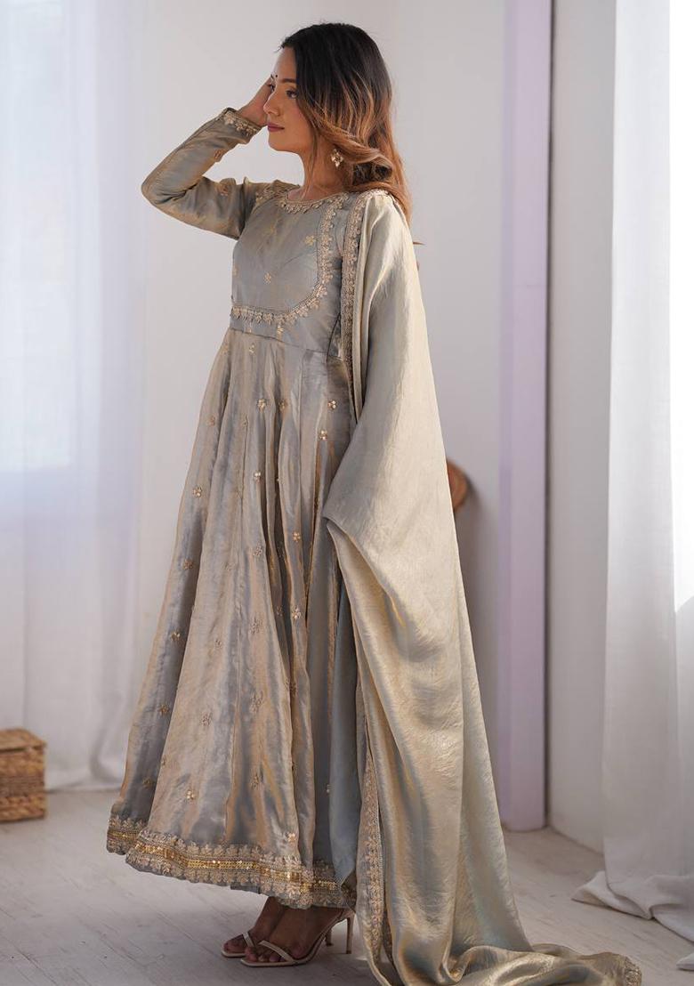 Light Grey Sequence Work Silk Kurta Set - Indya