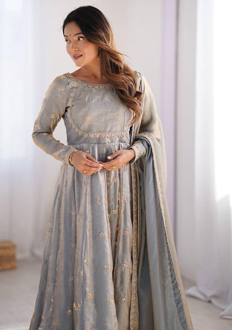 Light Grey Sequence Work Silk Kurta Set - Indya