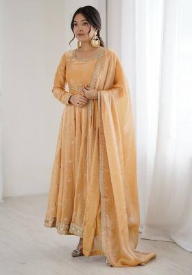 Peach Sequence Work Silk Kurta Set