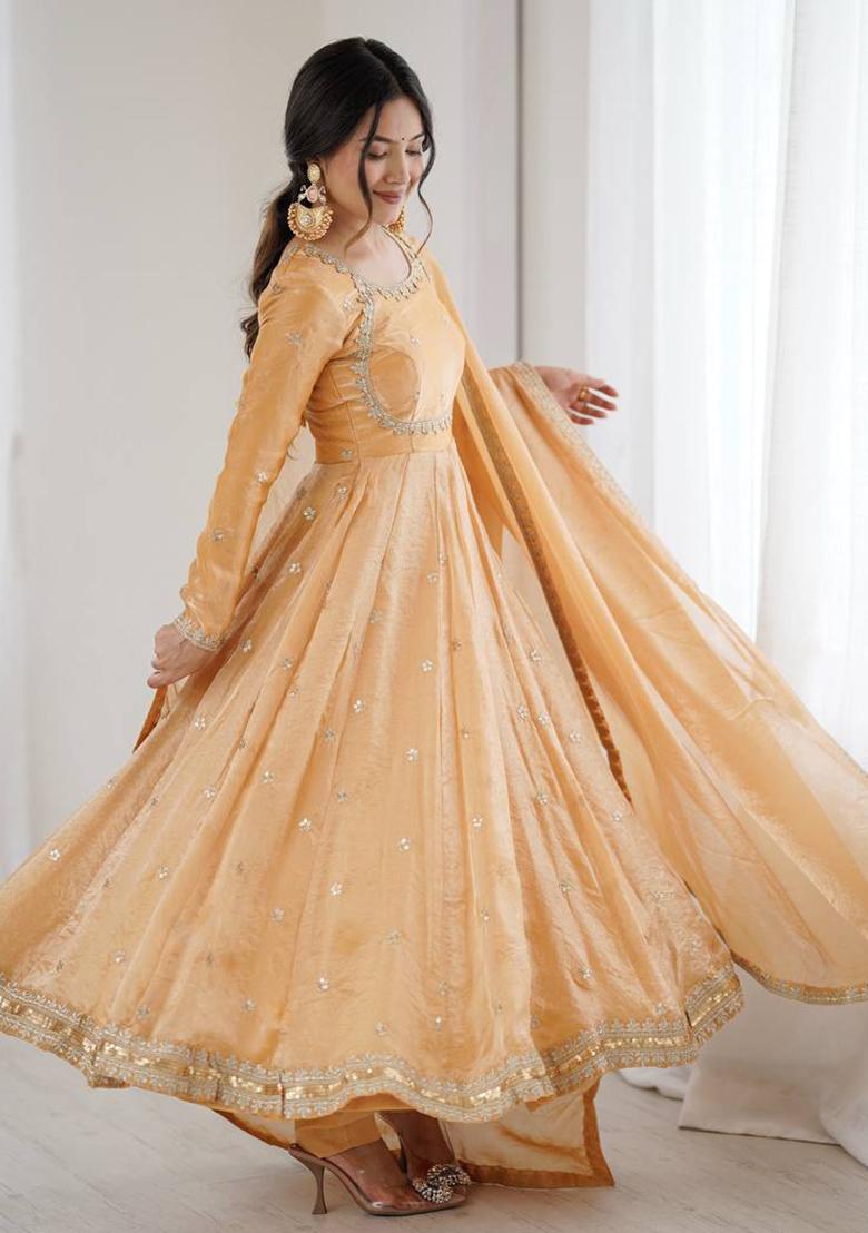 Peach Sequence Work Silk Kurta Set - Indya