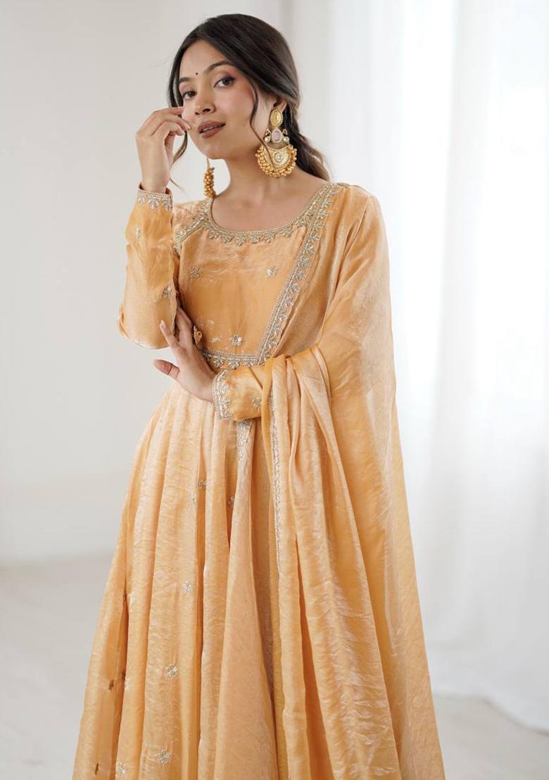 Peach Sequence Work Silk Kurta Set - Indya