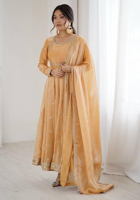 Peach Sequence Work Silk Kurta Set