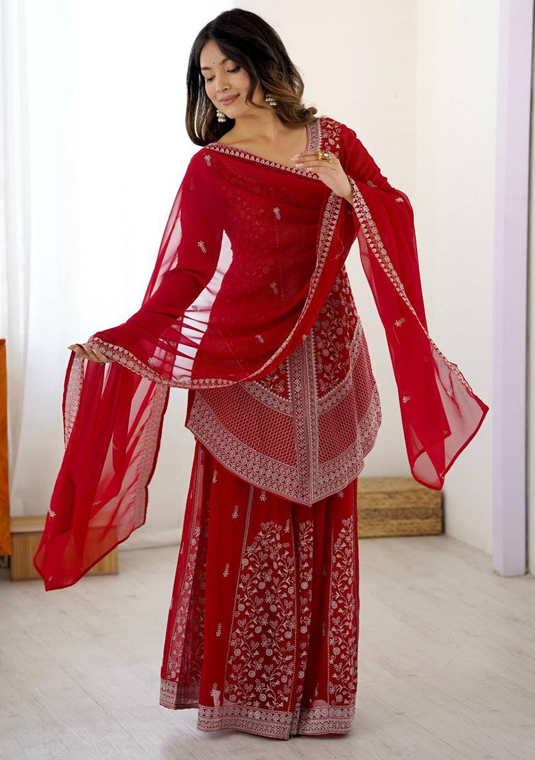 Red Embroidery Georgette Kurta Set - Indya
