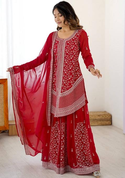Red Embroidery Georgette Kurta Set