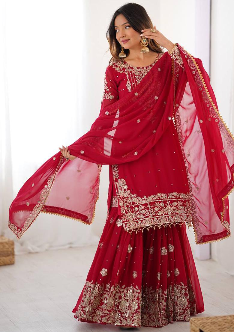 Red Embroidery Georgette Kurta Set - Indya