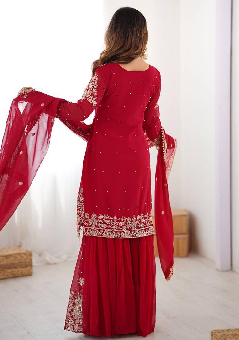 Red Embroidery Georgette Kurta Set - Indya