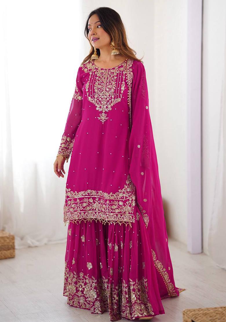 Pink Embroidery Georgette Kurta Set - Indya