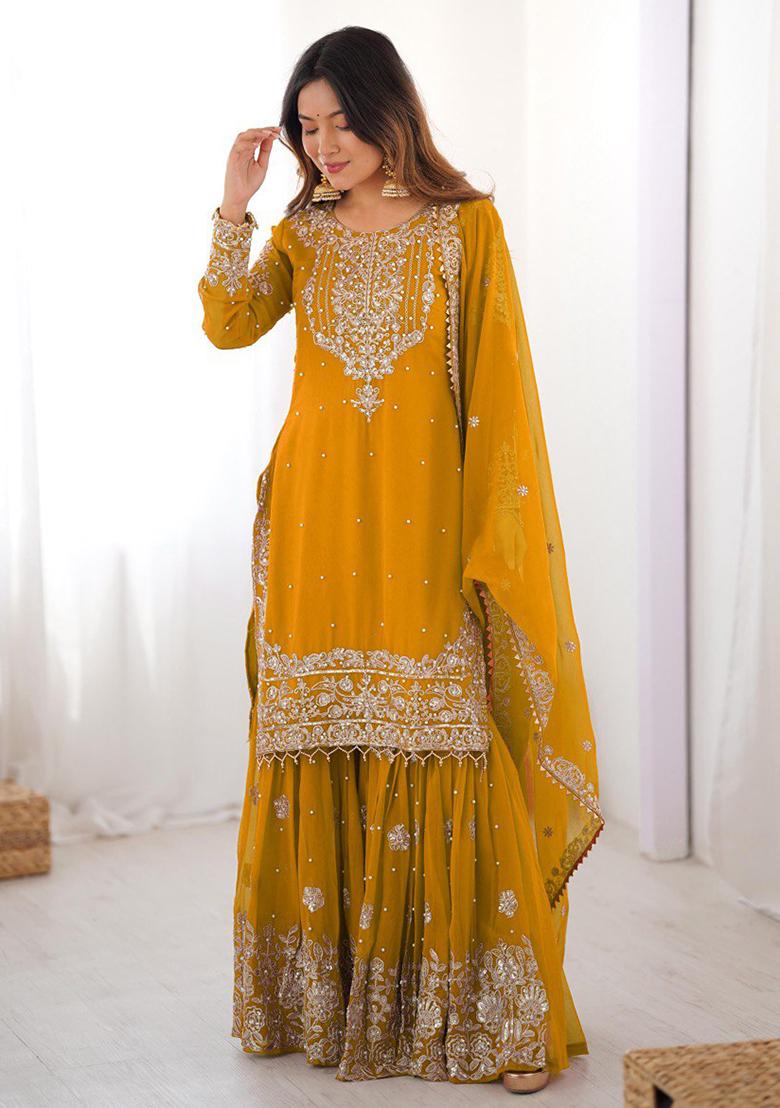 Yellow Embroidery Georgette Kurta Set - Indya