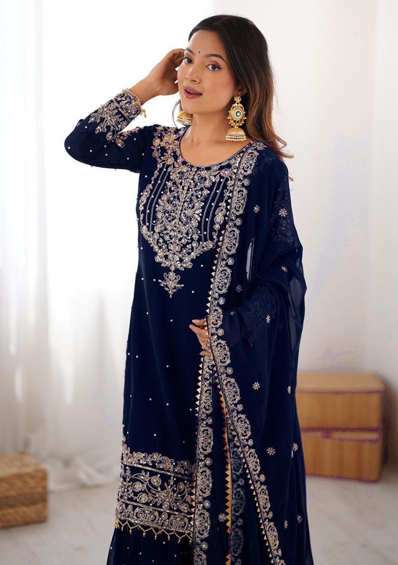 Navy Blue Embroidery Georgette Kurta Set - Indya