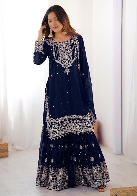 Navy Blue Embroidery Georgette Kurta Set