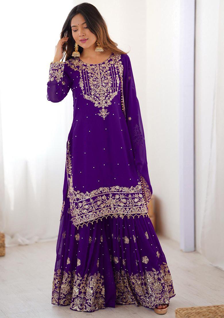 Purple Embroidery Georgette Kurta Set - Indya