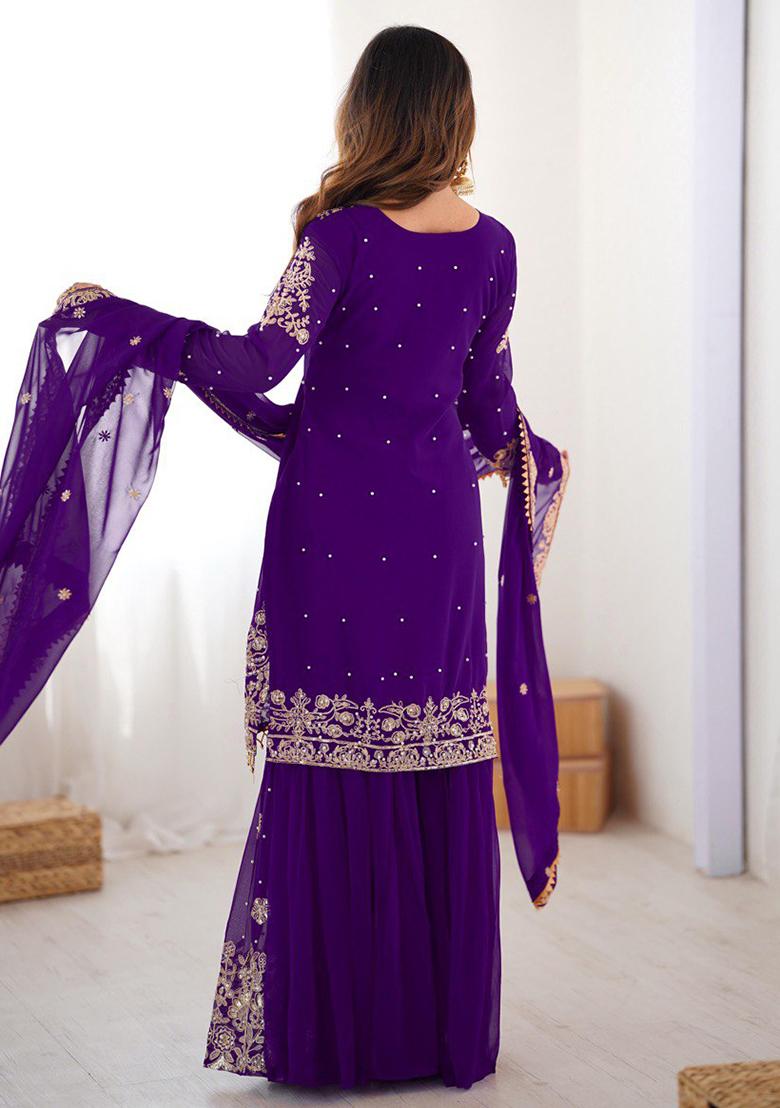 Purple Embroidery Georgette Kurta Set - Indya