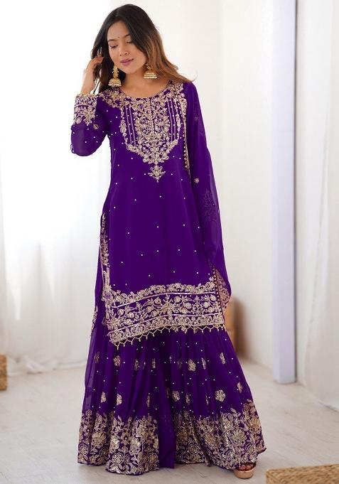 Purple Embroidery Georgette Kurta Set