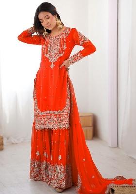 Orange Embroidery Georgette Kurta Set