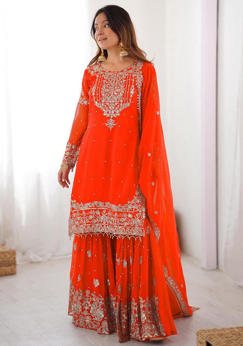 Orange Embroidery Georgette Kurta Set - Indya