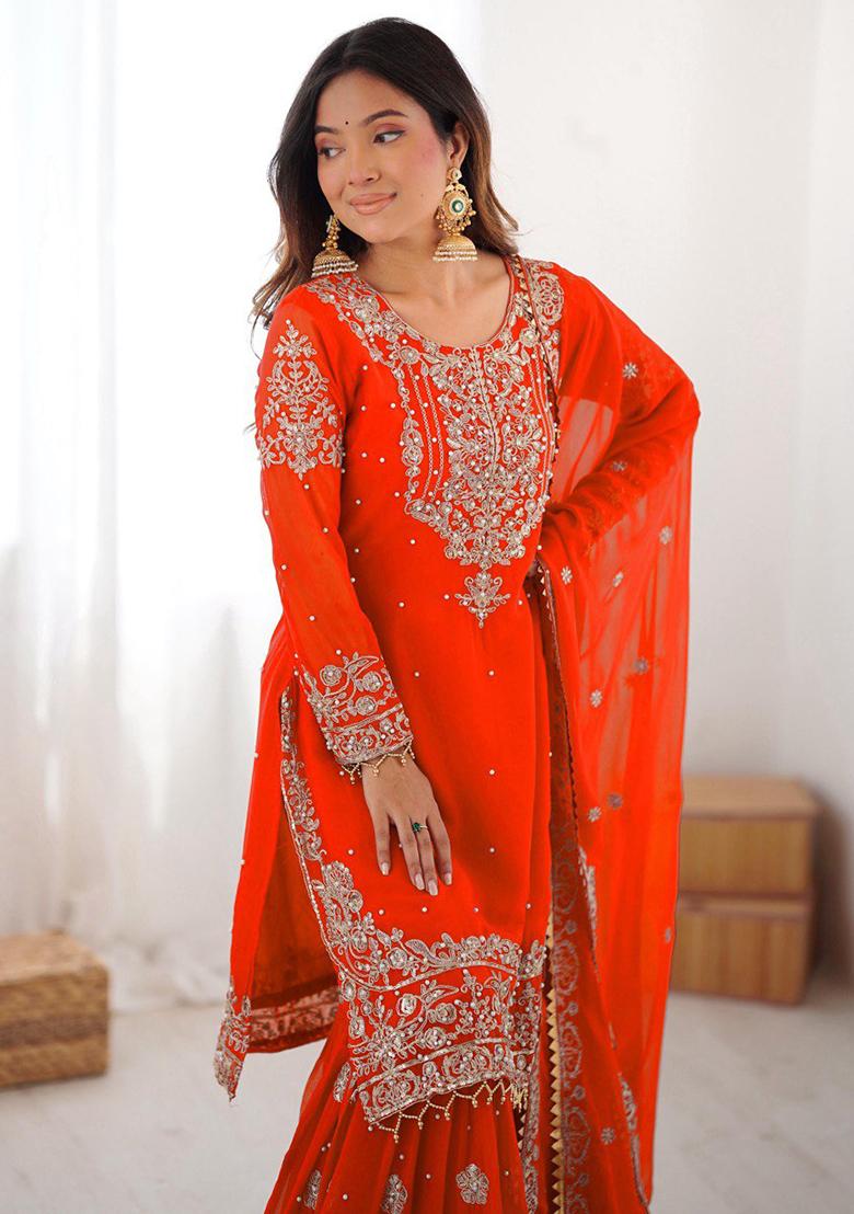 Orange Embroidery Georgette Kurta Set - Indya