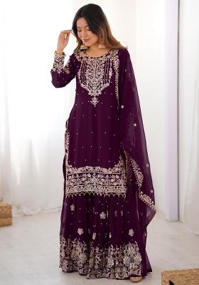 Wine Embroidery Georgette Kurta Set