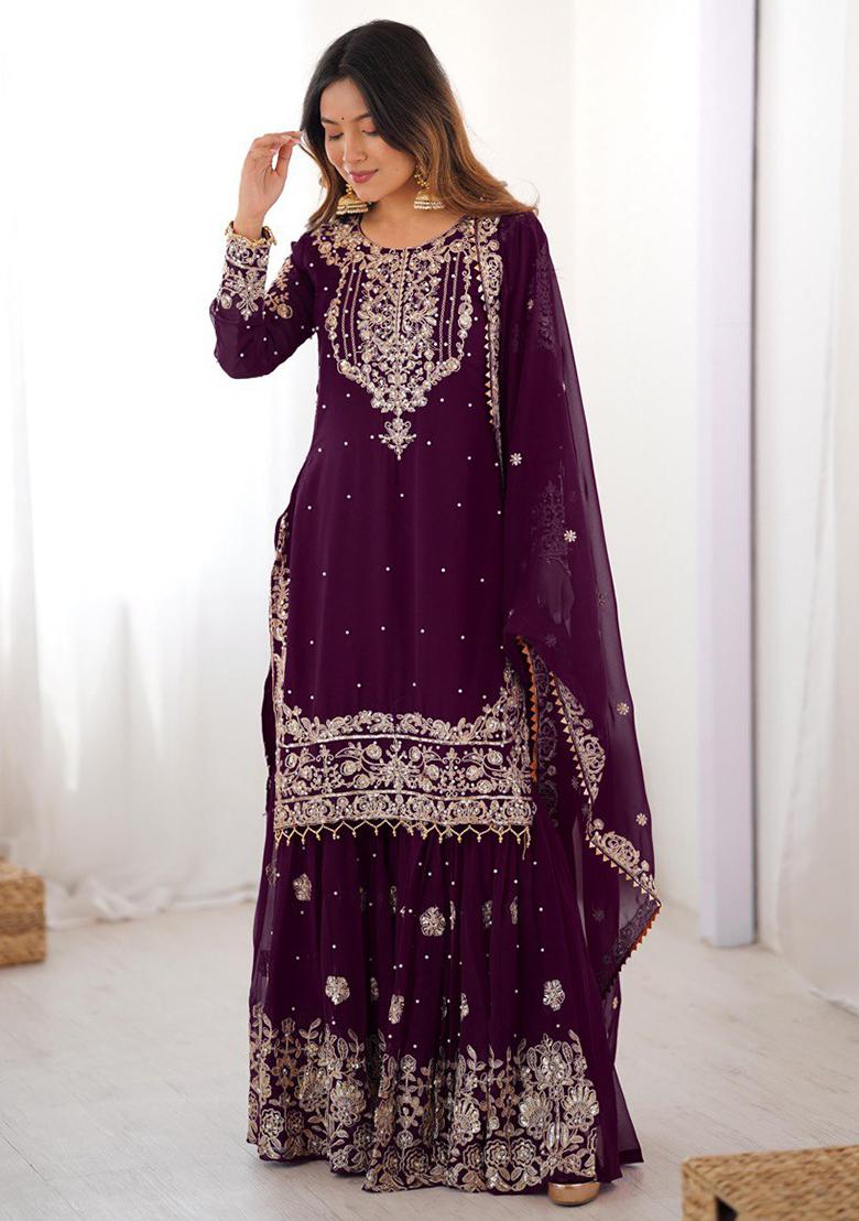 Wine Embroidery Georgette Kurta Set - Indya