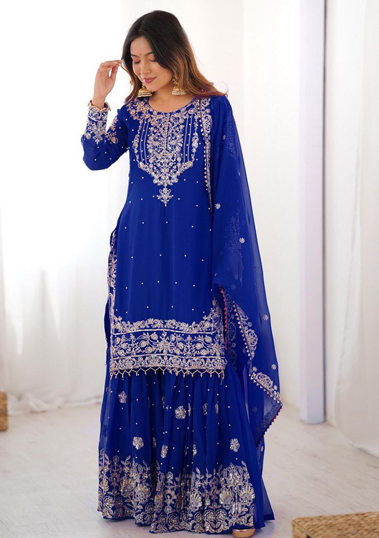 Royal Blue Embroidery Georgette Kurta Set - Indya