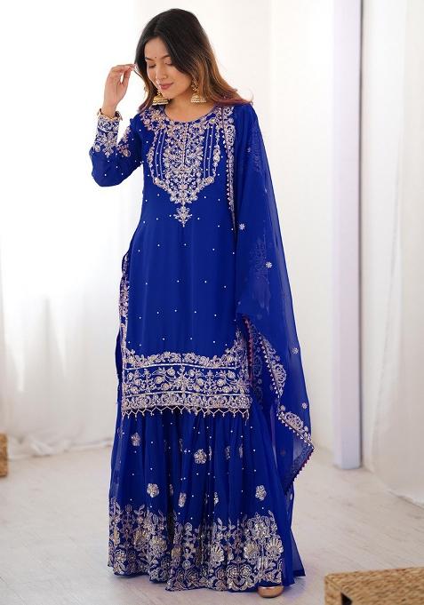 Royal Blue Embroidery Georgette Kurta Set