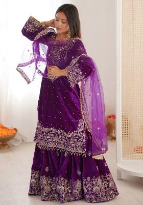 Purple Embroidery Velvet Kurta Set