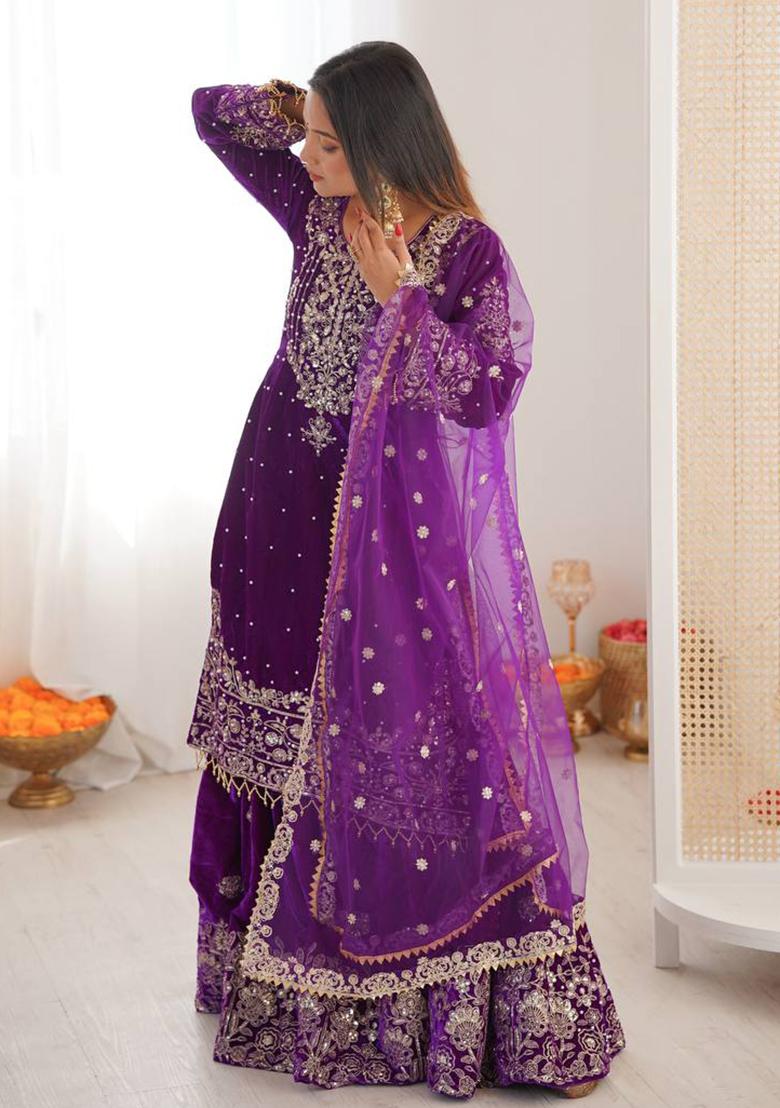 Purple Embroidery Velvet Kurta Set - Indya