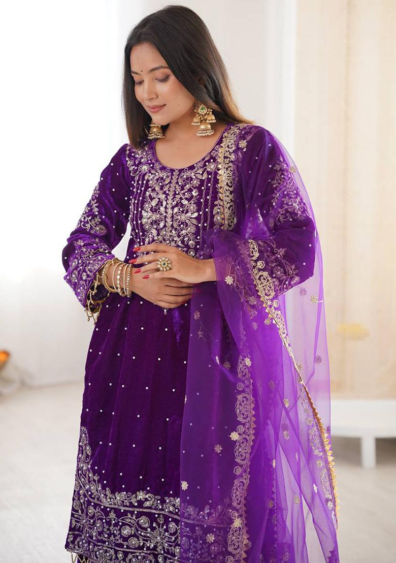 Purple Embroidery Velvet Kurta Set - Indya
