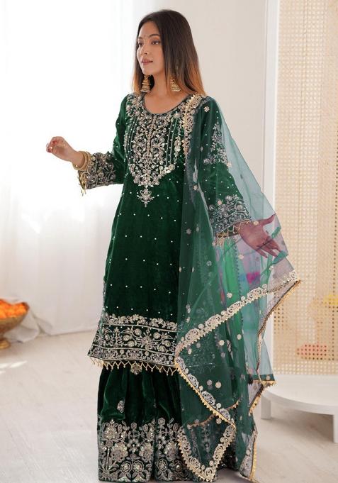 Green Embroidery Velvet Kurta Set