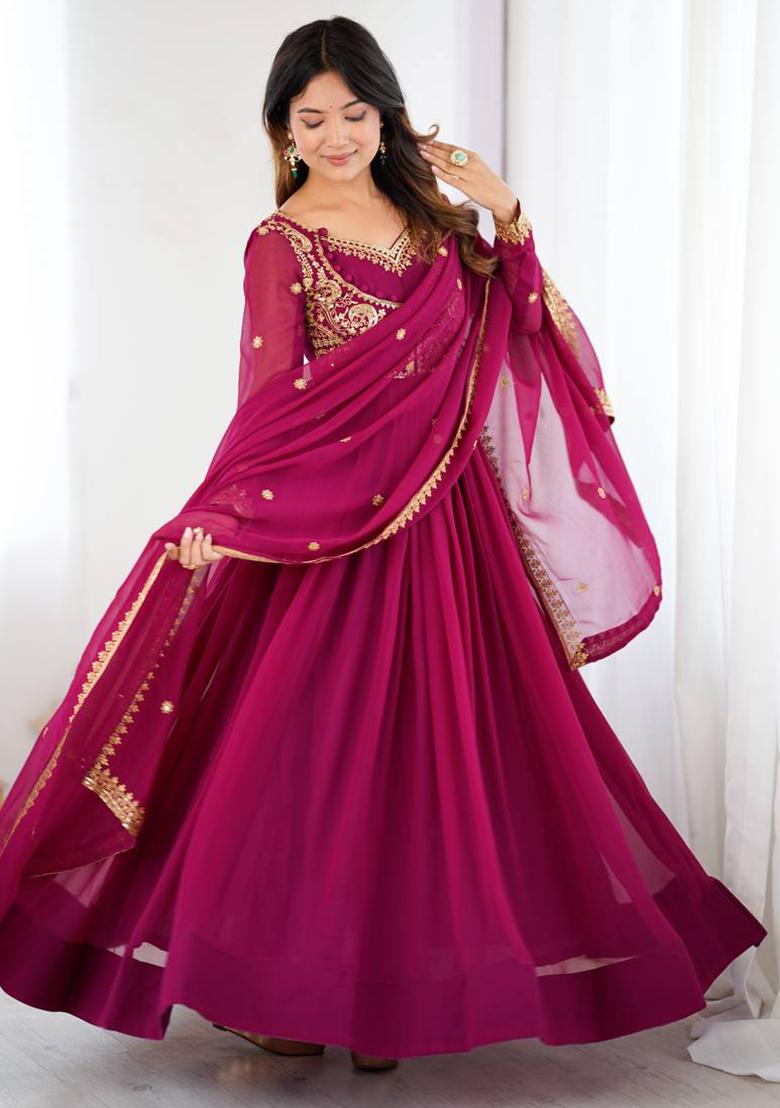 Dark Pink Embroidery Georgette Kurta Set - Indya