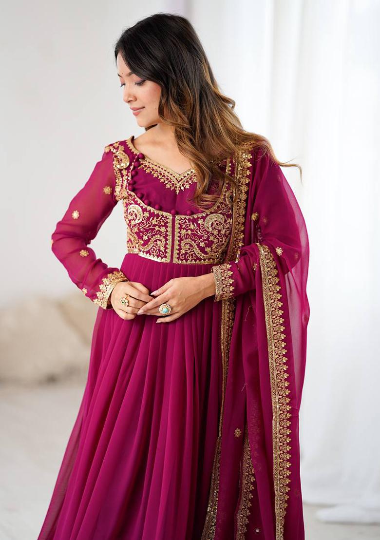 Dark Pink Embroidery Georgette Kurta Set - Indya