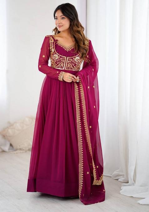 Dark Pink Embroidery Georgette Kurta Set