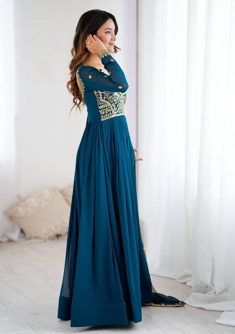 Teal Blue Embroidery Georgette Kurta Set - Indya
