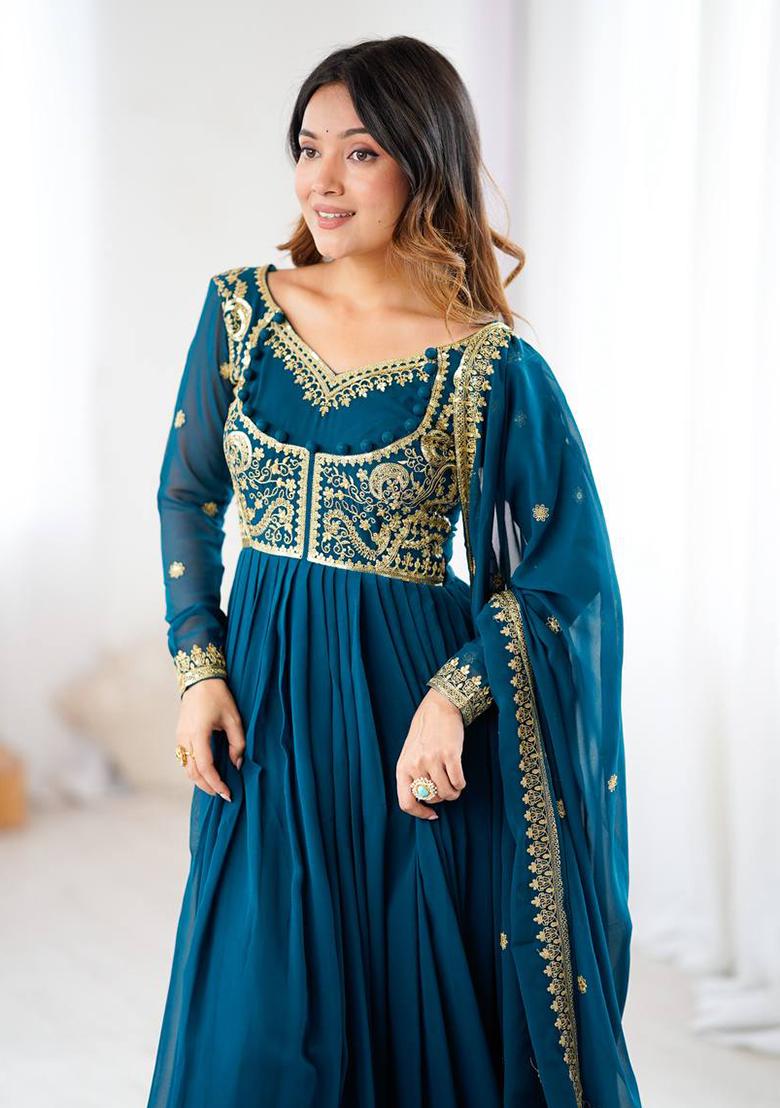 Teal Blue Embroidery Georgette Kurta Set - Indya