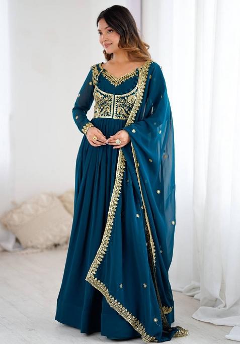 Teal Blue Embroidery Georgette Kurta Set