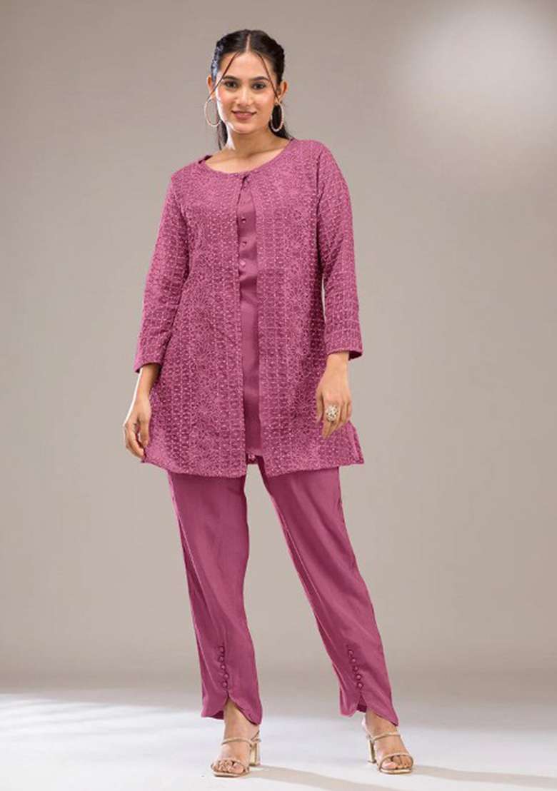 Pink Chikankari Georgette Co Ord Set - Indya