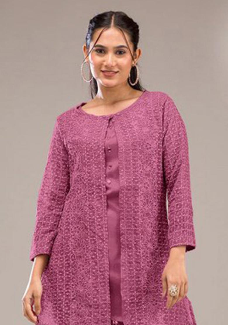 Pink Embroidery Georgette Kurta Set - Indya