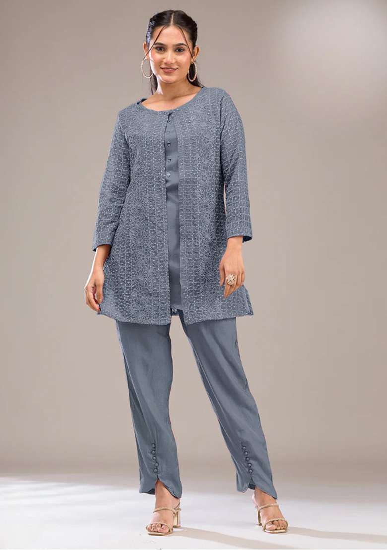 Grey Chikankari Georgette Co Ord Set - Indya