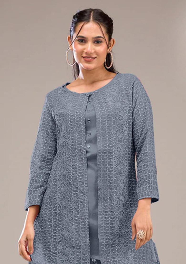 Grey Embroidery Georgette Kurta Set - Indya