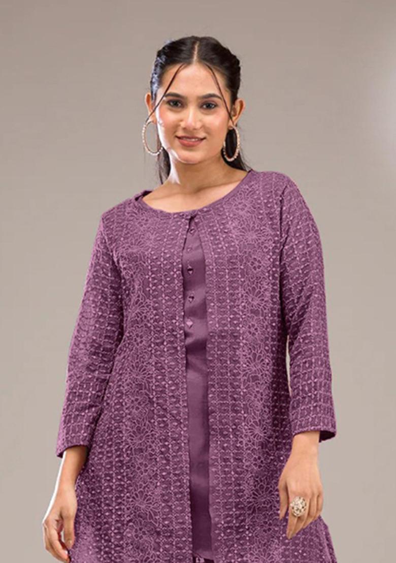 Purple Embroidery Georgette Kurta Set - Indya