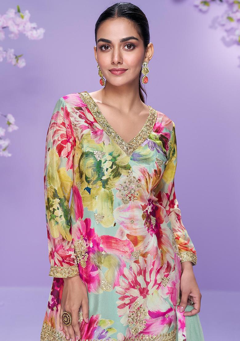 Multicolor Embroidery Silk Salwar Kameez - Indya