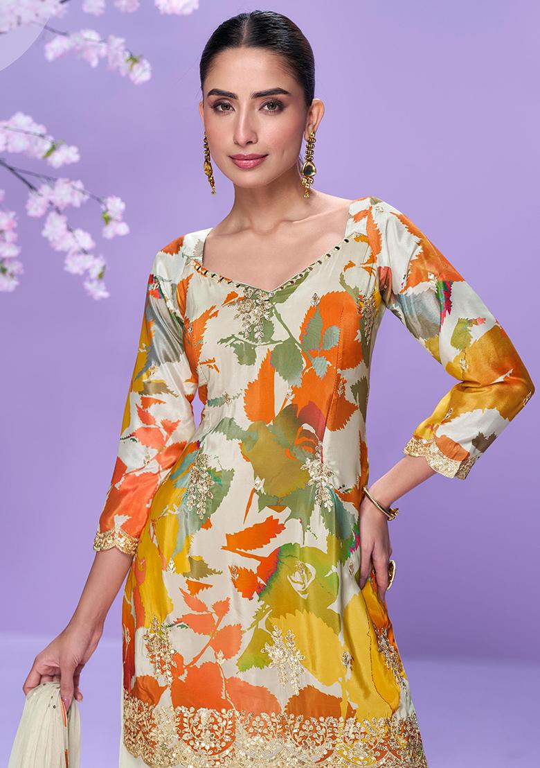 Multicolor Embroidery Silk Salwar Kameez - Indya