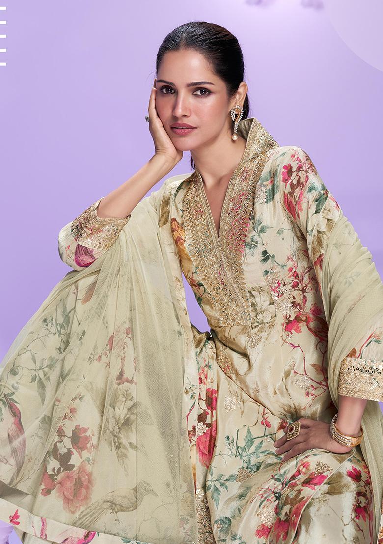 Multicolor Embroidery Silk Salwar Kameez - Indya