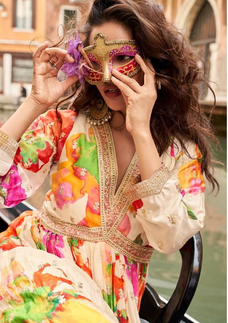 White Embroidery Silk Anarkali Set - Indya