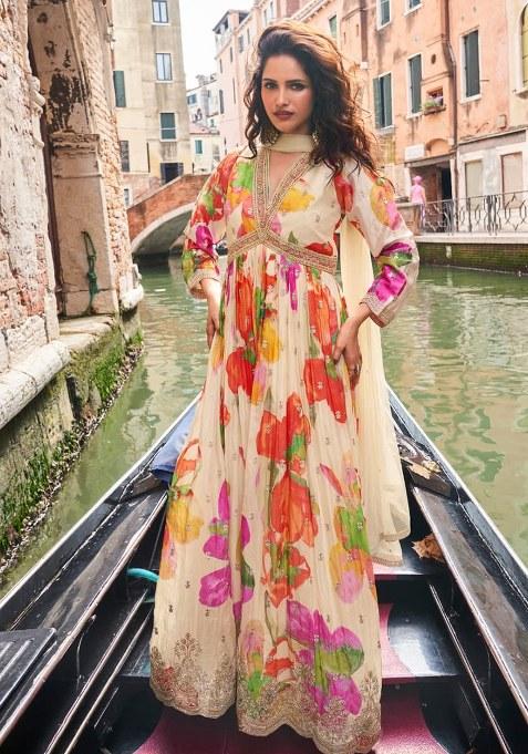 White Embroidery Silk Anarkali Set