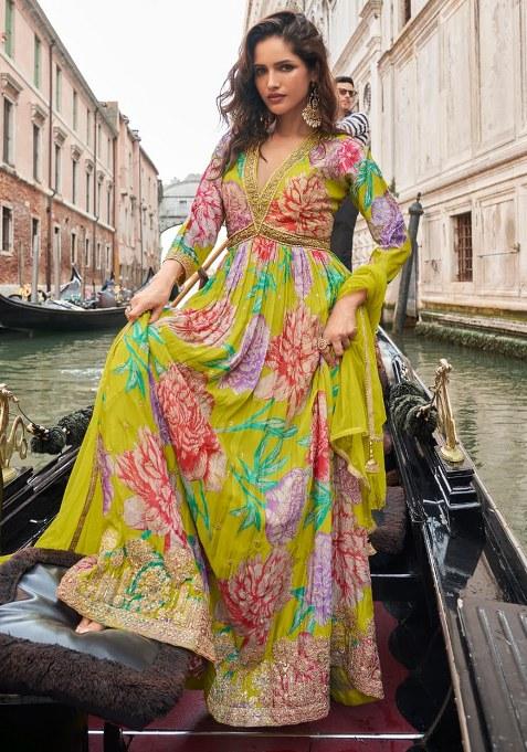 Mustard Embroidery Silk Anarkali Set