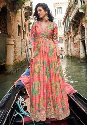 Pink Embroidery Silk Anarkali Set