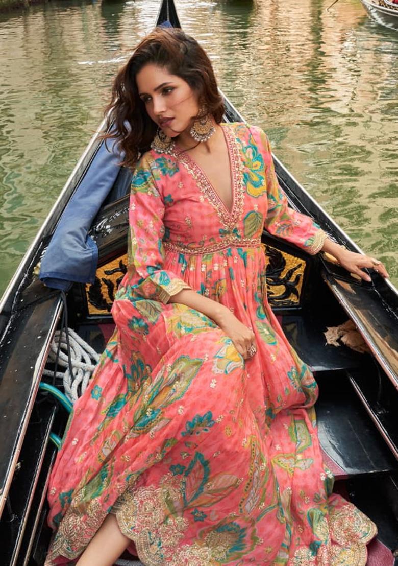 Pink Embroidery Silk Anarkali Set - Indya