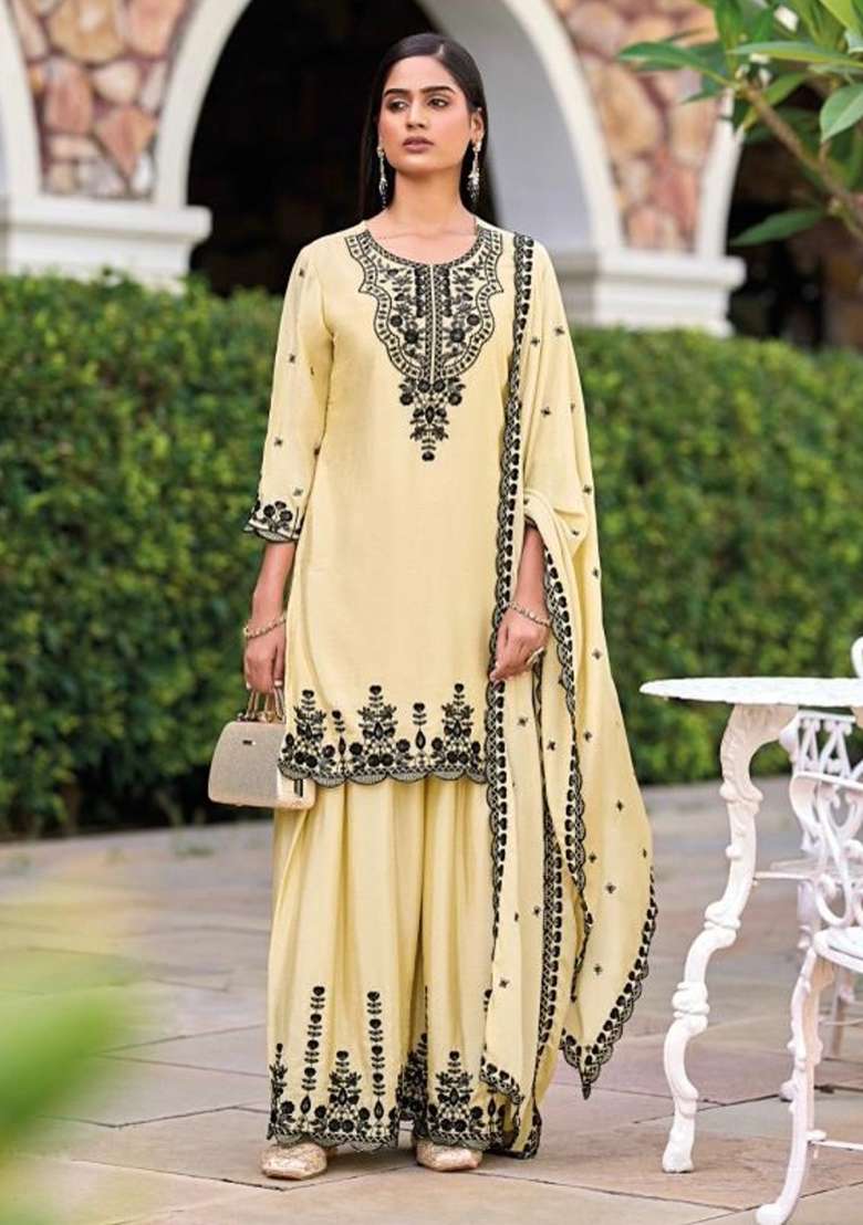 Beige Embroidered Silk Blend Sharara Set - Indya