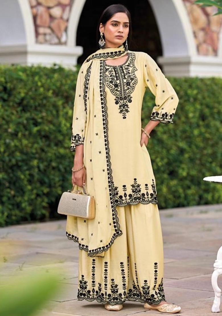 Beige Embroidery Silk Salwar Kameez - Indya